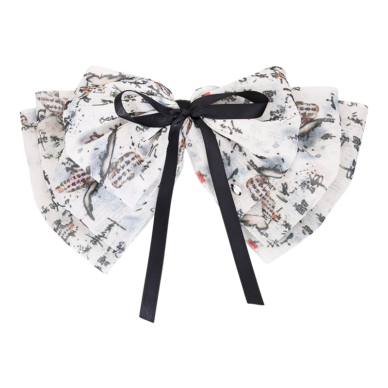 Chinese Style Bowknot Ribbon Hair Clip New-Chic Hair Accessory with Ink-Wash Design for Hanfu