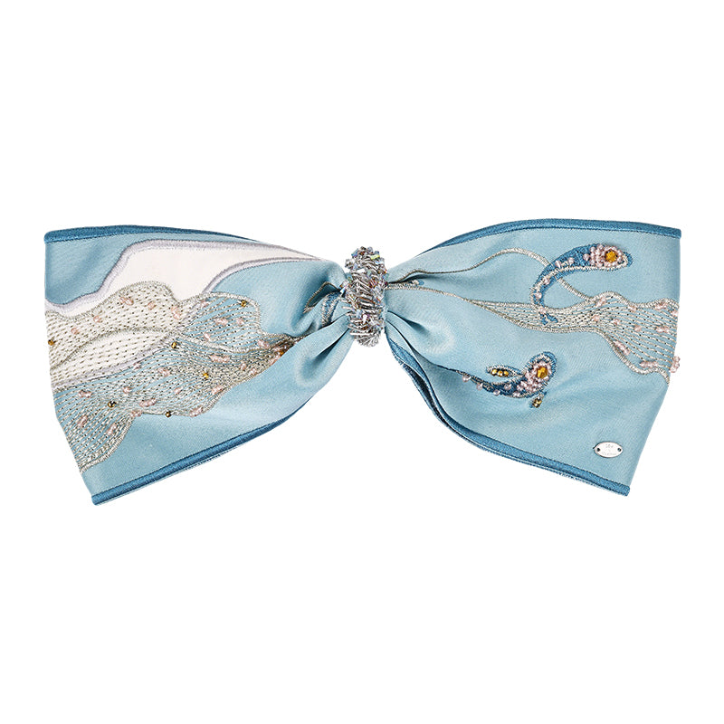 Whale-Embroidered Silver Sea Totem Hair Clip Oversized Chinese Style Bowknot Barrette with Embroidery Motif